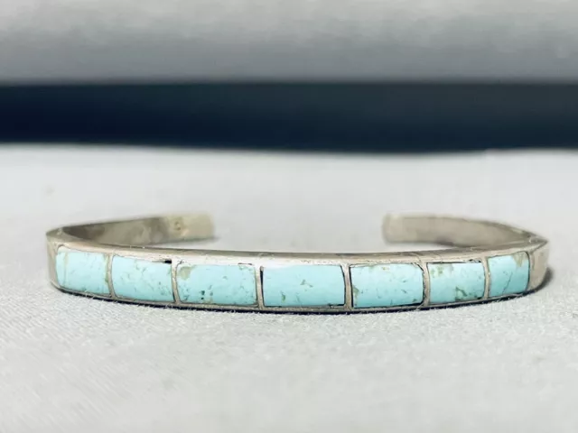 Captivating Vintage Navajo Inlay 7 Blue Gem Turquoise Sterling Silver Bracelet
