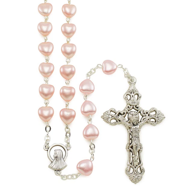 Pink Rosary Glass Heart Beads Our Lady of Lourdes