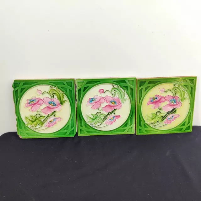 Vintage Embossed Floral Design Majolica Art Architecture Tile 3 Pc England CT127