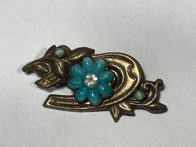 Broche Ancienne Fantaisie En Forme De Fleur Avec Brillants - Dorée - Occasion Vintage