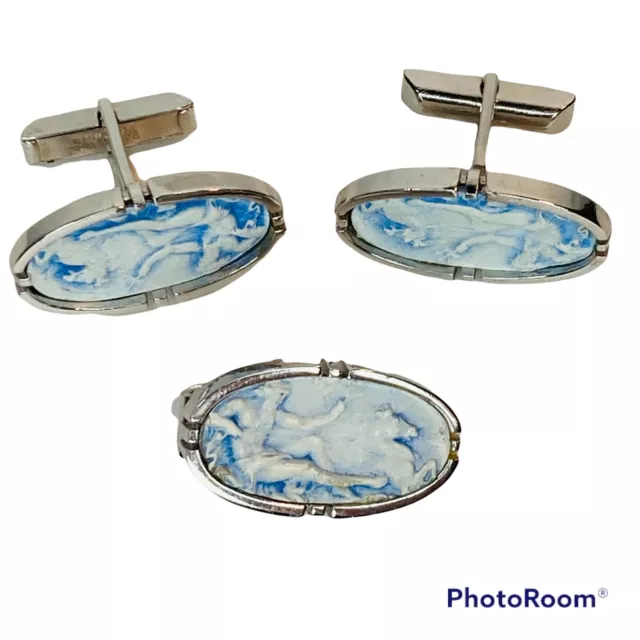Swank Vintage Cuff Link Set Cameo Inlay Classical Roman God Blue Silvertone
