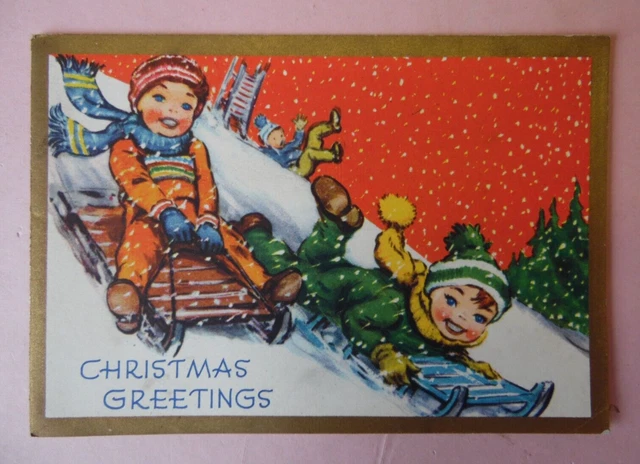 Vintage 1950s Christmas Card Children Sledging Written