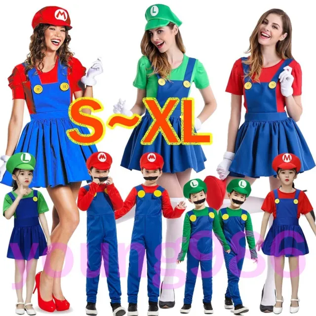 Super Mario Costumes Womens Kids Outfit Super Bros Cosplay Fancy Dress Costume