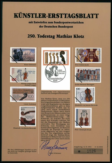Brd Künstler-Etb 1993/31 1688 Mathias Klotz Musik Geigenbauer Geige Music