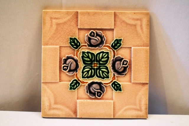 Vintage Japan Saji Tile Porcelain Ceramic Purple Rose Green Leaf Art Nouveau"901
