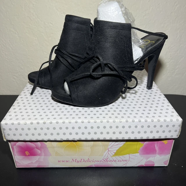 Rowena By Delicious Black Heel Sandal Leg Wrap Lace Tie Up style visitor s 6.5
