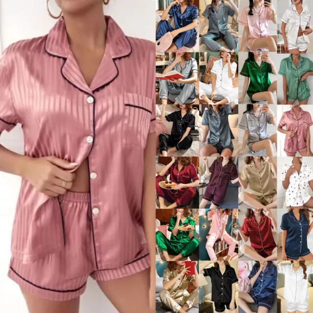 Womens Satin Silk Pyjamas Nightwear PJs Set Lounge Shirts Tops Pants Nightie PJs