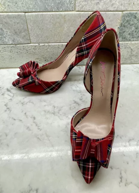 Betsey Johnson Prince D'Orsay Bow Pumps In Red Tartan Plaid 9.5