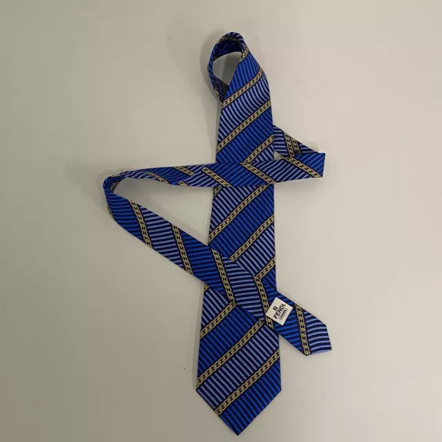 Fendi Tie Blue Stripe Gold FF Logo Silk Hand Made in Italy 57 x 4
