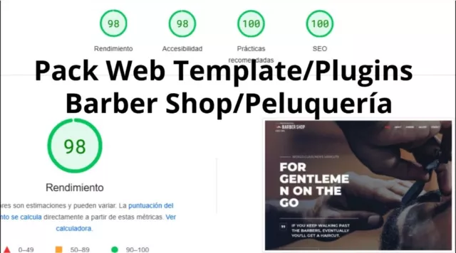 Diseño Web Barber Shop Peluquería, Pack WordPress plantilla y plugin Configurado