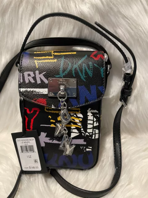 NWT DKNY Elissa GRAFFITI Black 100% LEATHER Pebbled CROSSBODY BAG MSRP $148