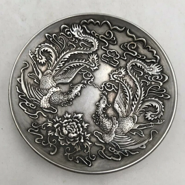 Exquisite Old Chinese tibet silver handcarved phoenix flower plate 8069