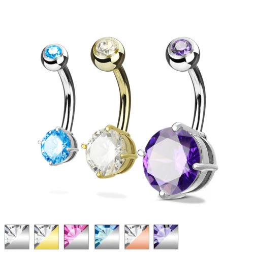1pc Double Gemmed Round CZ Gem Prong Set Solitaire Belly Ring Navel Naval