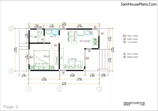 Planos de casa pequeña 4,5x7,5 con techo a dos aguas de un dormitorio plano PDF (copia impresa A4) 2