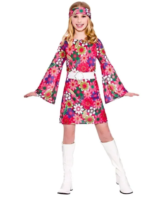 Child RETRO GIRL Flower Power Dress 60s 70s Fancy Dress Costume Girls Age 5-13