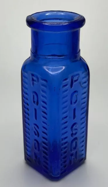 Cobalt Blue Square Poison Bottle Embossed POISON on 2 sides 2.5" tall (b)