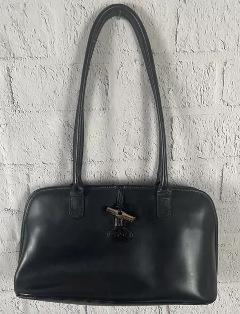 Longchamp Handbag Purse Black Leather Made In France Toggle