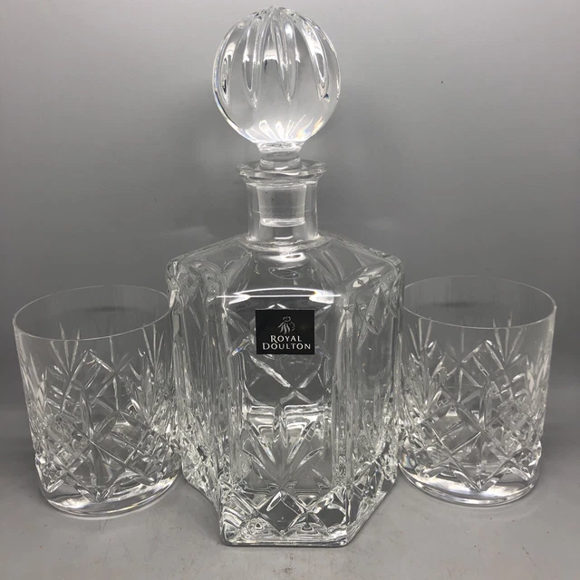 ROYAL DOULTON WHISKEY Decanter Fine Crystal Glass with 2 Large Matching Tumblers £63.75