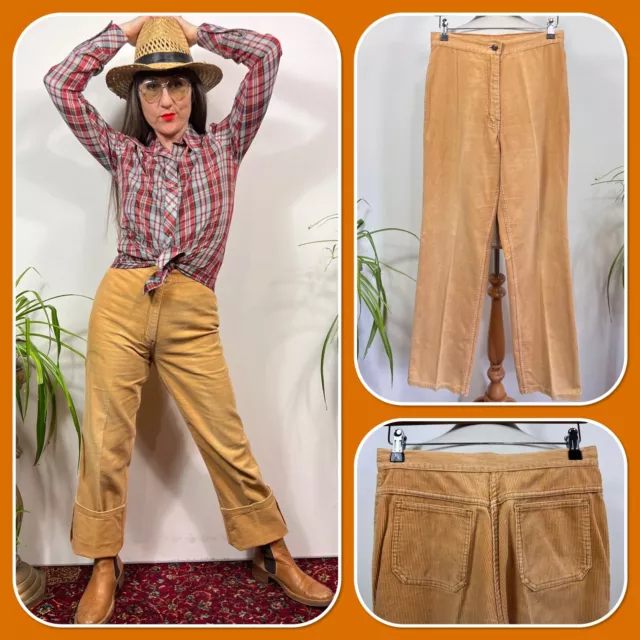 Vintage 1970s Tan Straight Leg High Waist Cords Corduroy Trousers Jeans 28W 32L