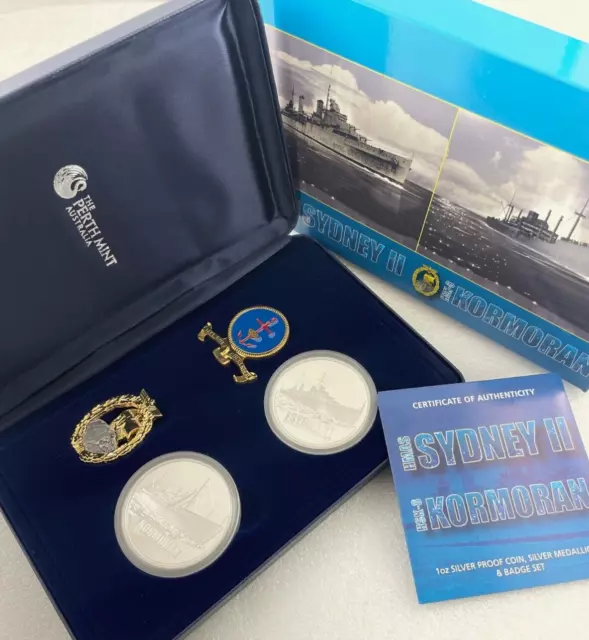 2008 Hmas Sydney Ii Hsk-8 Kormoran Silver Proof Coin, Medallion & Badge Set
