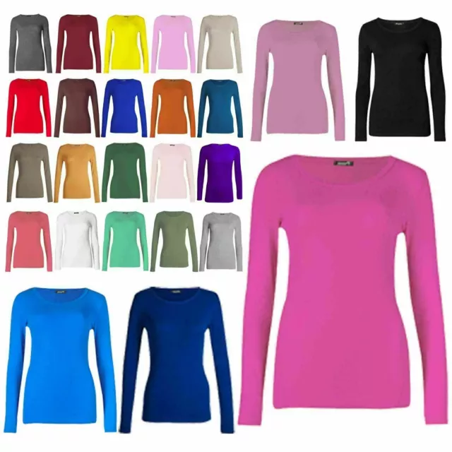 Womens Ladies Long Sleeve Stretch Plain Round Scoop Crew Neck T Shirt Top S-3XL