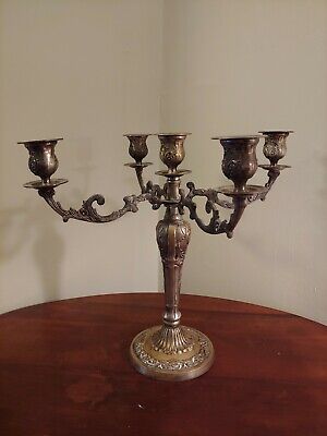 Large Antique Victorian Gold Painted Cast Iron 5 Candle Candelabra 16" Tall