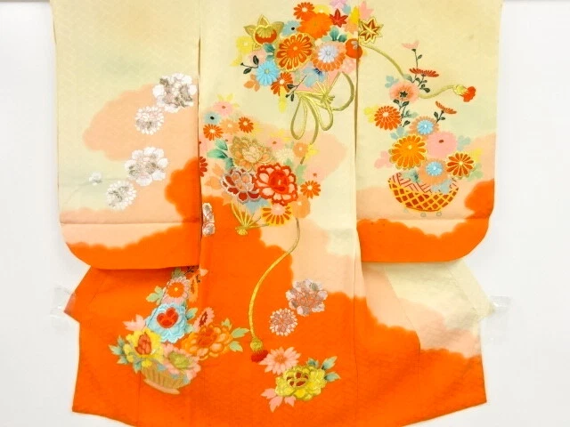 37581# Japanese Kimono / Antique Kimono For Girls / Embroidery / Floral Fan Patt