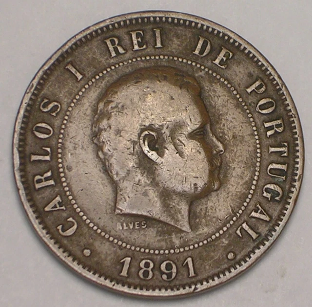 1891 Portugal Portuguese 20 Reis King Carlos I Coin VF