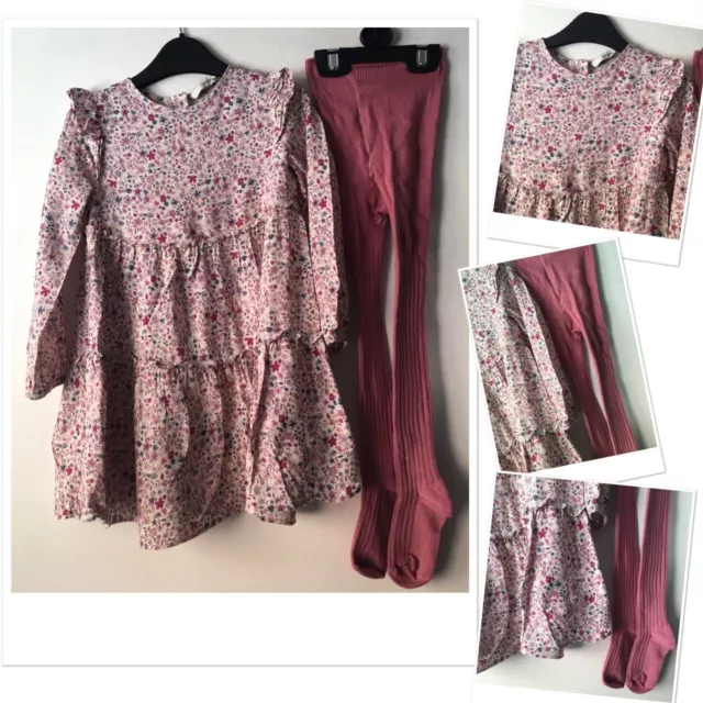 George  girls Floral Flounce Dress Exc used  & new M&S tights 2-3 years