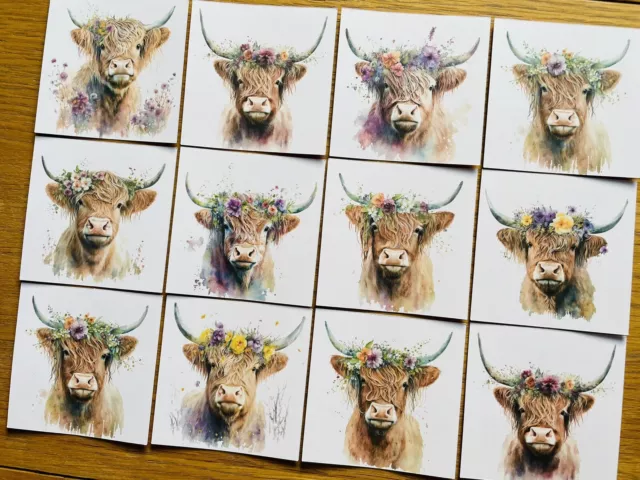 6x Watercolour Floral Highland Cow Card Toppers Card Making Birthday Mothers Day