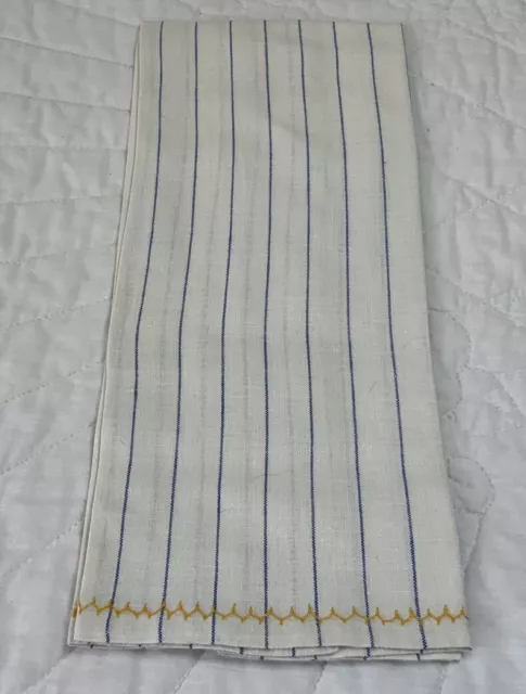 Vintage Kitchen Dish Towel, Cotton, Woven Stripes, White & Blue, Yellow Zig Zag