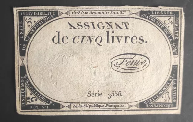 France Assignat de 5 livres - 10 brumaire l'an 2 série 3556 sign.Fenix