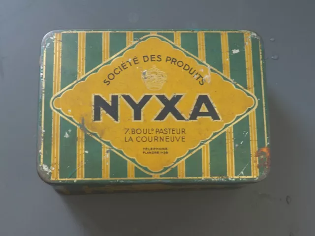 ancienne boite métallique Nyxa rectangulaire jaune et verte 