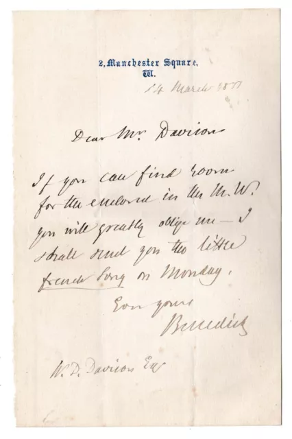 Sir Julius Benedict - conductor and composer - orig 1877 letter: will send song
