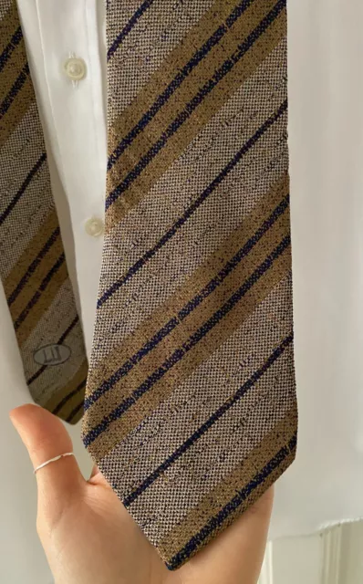Vintage Dunhill silk neck tie. Navy blue/beige gold/white woven diagonal stripe