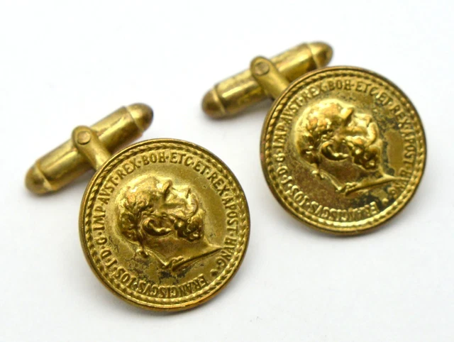 1910s AUSTRIA FRANZ JOSEPH I CORONA MEDALLION OLD GOLD PLATED CUFFLINKS