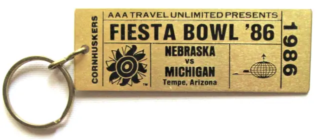 1986 FIESTA BOWL football NEBRASKA, MICHIGAN - Brass replica TICKET Key ring fob