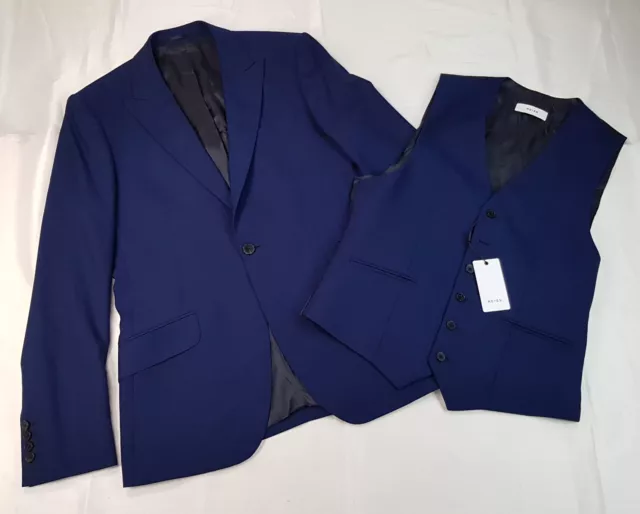 Reiss Size 38R Mens Navy Blue Pure Wool Suit Blazer Jacket And Vest Waistcoat