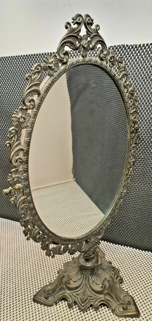 Ancien Miroir Ovale Pivotant Sur Pied – Style Vintage, Bronze Patiné Doré, époque Indéterminée