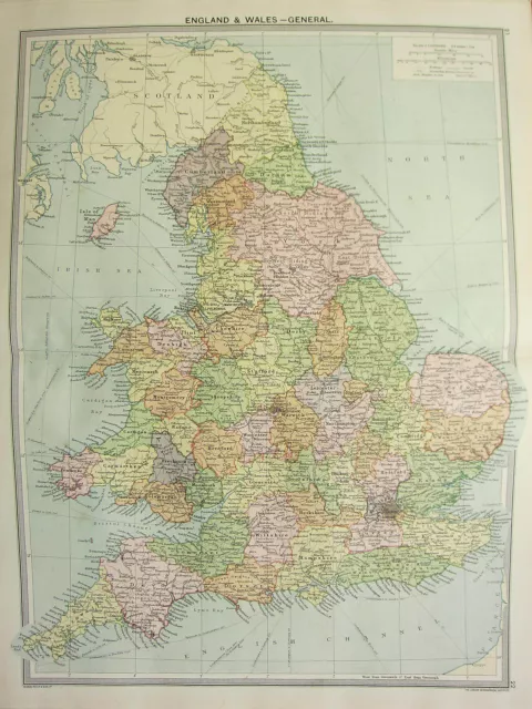 1920 LARGE MAP ~ ENGLAND & WALES YORK DURHAM ESSEX CORNWALL NORFOLK LINCOLN etc