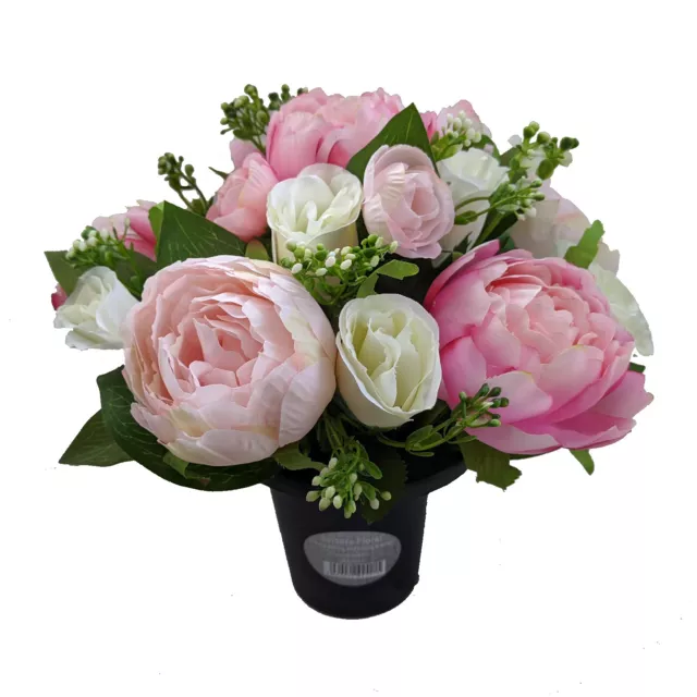 Artificial Peony & Rosebud in Grave Crem Pots - Memorial Flowers Vase Insert