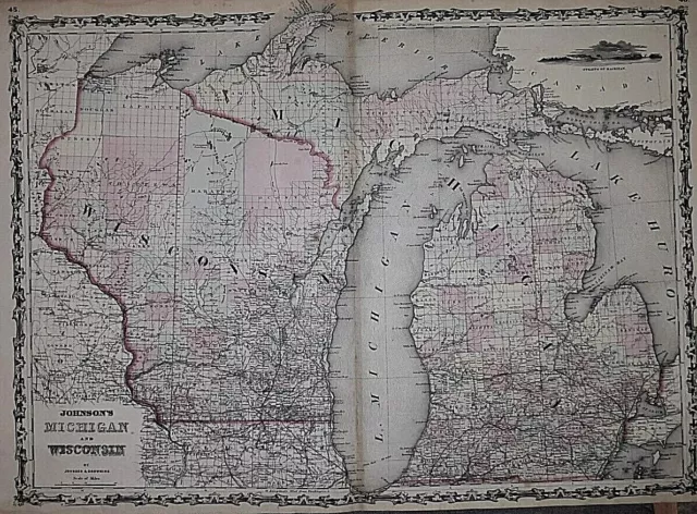 Old 1861 Johnson Atlas Map ~ MICHIGAN - WISCONSIN ~ DETROIT - MADISON - SUPERIOR