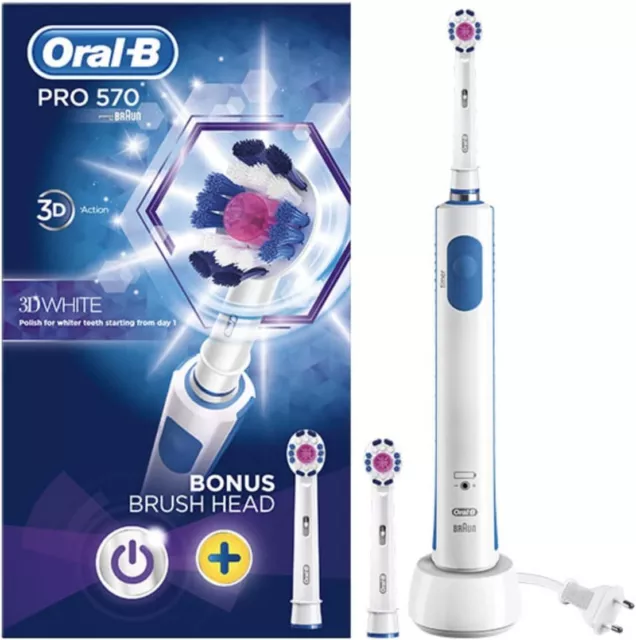 Genuine Oral B Pro 570 Electric Toothbrush Braun 3D White with 2 Refill Heads