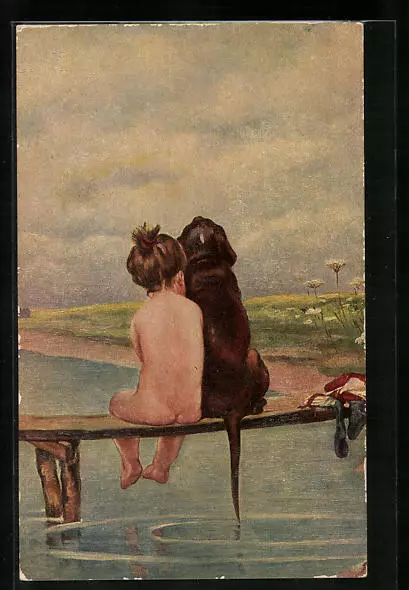 Künstler-AK Degi Nr. 931: Kind und Hund sitzen zusammen am Wasser, Freunde, Ölg