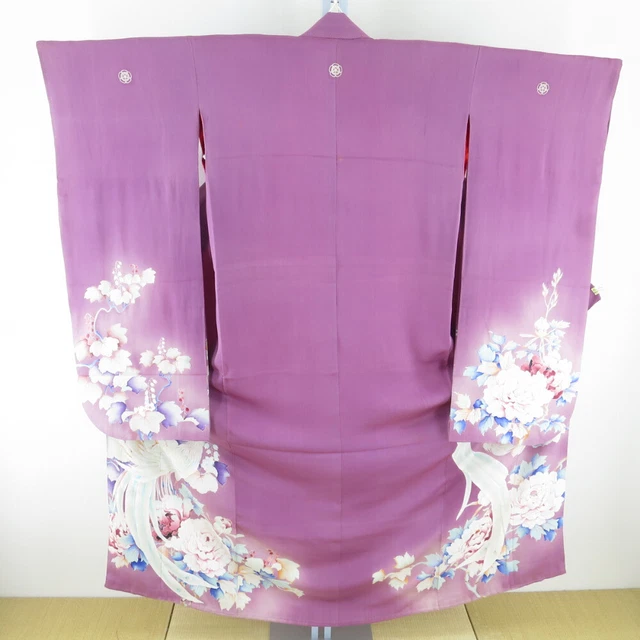 Japanese silk antique Kimono, Furisode, Chirimen, Purple, five family crests