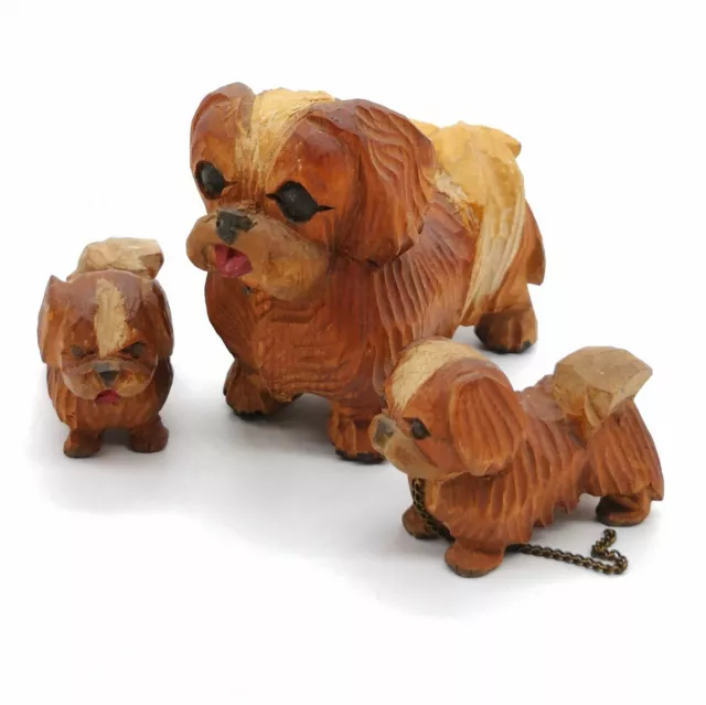3pcs Hand Carved Wooden Dogs Mom & Puppies Set Tibetan Spaniel Animal Sculpture