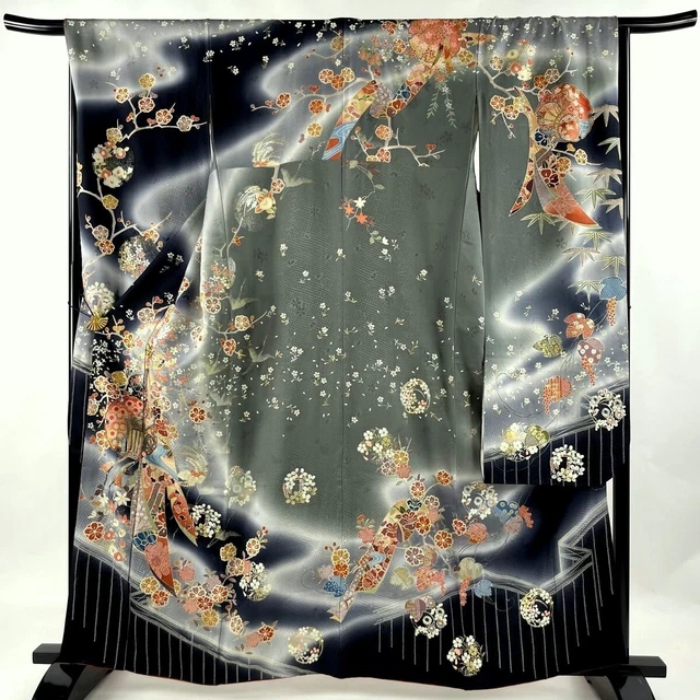 Japanese kimono SILK"FURISODE" long sleeves,Gold/Silver,Flying Cranes,5' 3".3486