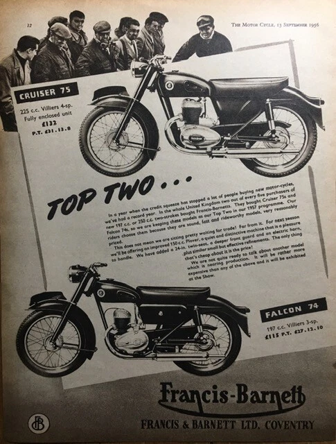 FRANCIS-BARNETT FALCON 200 and CRUISER 225 ORIGINAL 1956 B/W ADVERT 26cm x 20cm