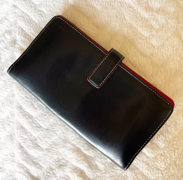 LODIS Los Angeles Black Leather With Red Interior Slim Bifold Snap Wallet Long