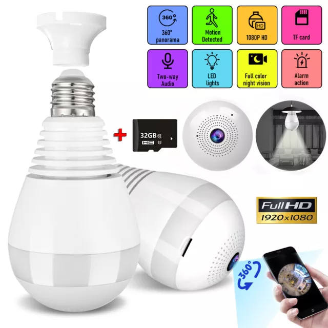 360° Panoramic Hidden Wifi IP Camera Light Bulb HD 1080P Home Security Lamp Cam